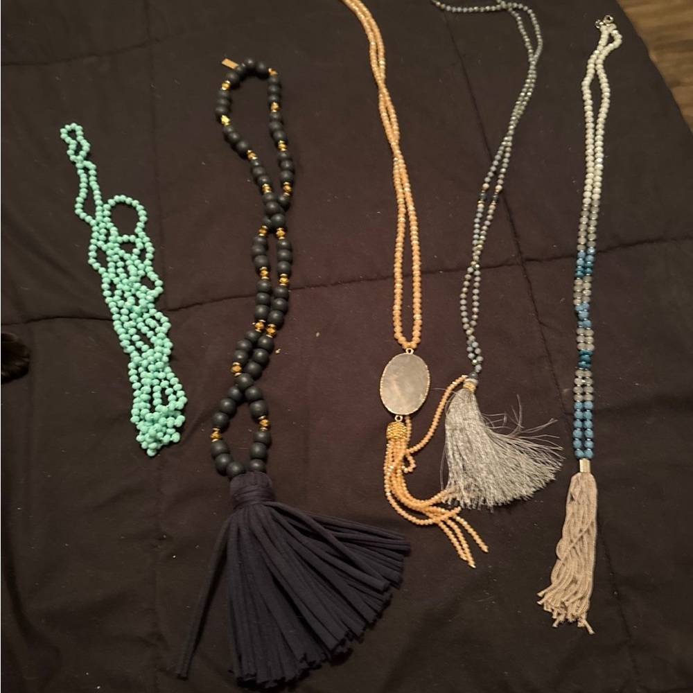 Mud Pie Beaded Tassel Necklace Set - Black, Turquoise, Beige